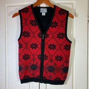 Pendleton Wool Snowflake Full Zip Sweater Vest Red Black Petite Holiday Vintage
